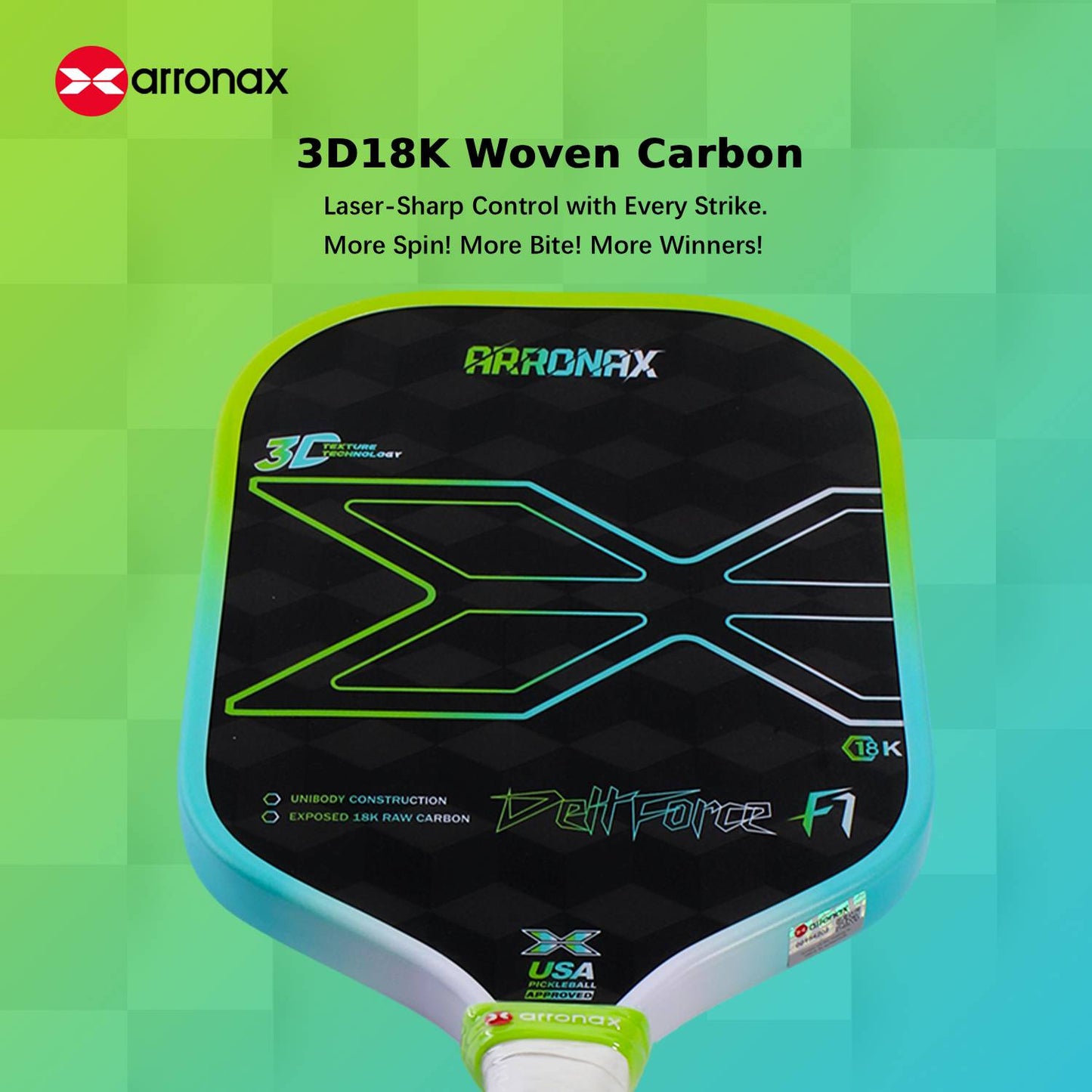 ARRONAX DELLFORCE F1 18K Carbon Fiber Control & Power Pickleball Paddle (16mm)
