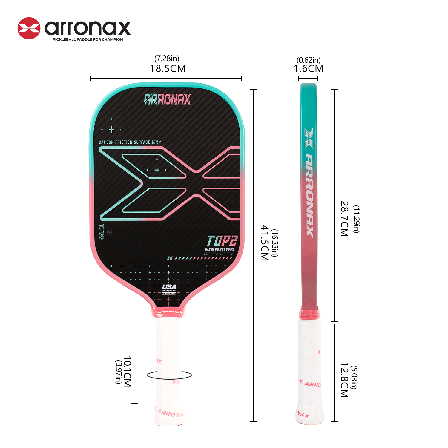ARRONAX TOP 2 Pickleball Paddle | 2025 Thermoformed EVA+PP Core | T700+3K Carbon Fiber | 16mm | Balance Style