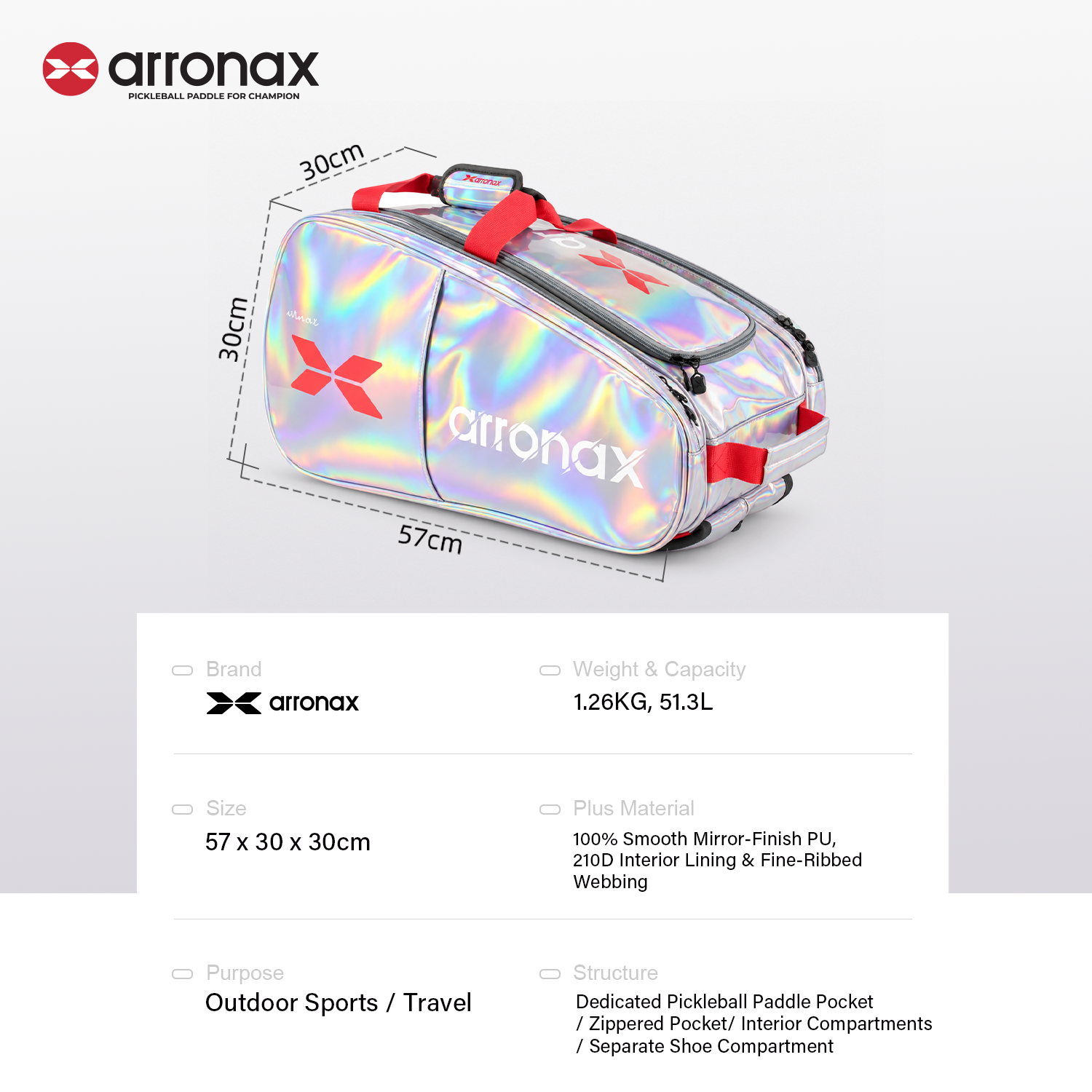 ARRONAX Metallic Pickleball Backpack 51.3L with Shoe Compartment
