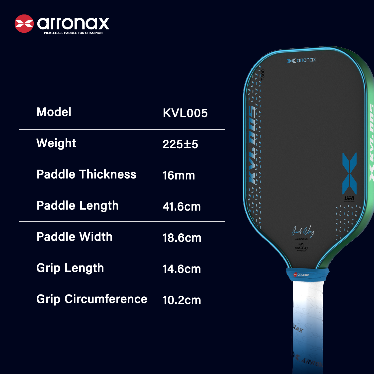 Arronax KVL005 Foam Core T800 Carbon Fiber Pickleball Paddle 16mm